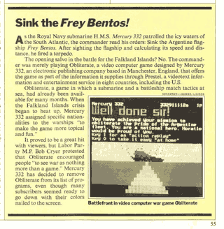 El recuadro incluye una captura de pantalla de Obliterate!, corriendo en una terminal Prestel en las primeras semanas de abril de 1982.