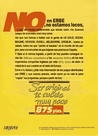 Publicidad de Erbe de marzo de 1987 (Microhobby 117), que venía seguida de cuatro páginas detallando todos los juegos que pasarían a valer 875 pesetas.