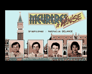 Pantalla de carga de Meurtres a Vénise (1988) con el equipo completo. Brocard, Jacky Adolphe (dialoguista), Gilles Bertin (programador) y Nathalie Delance (artista)
