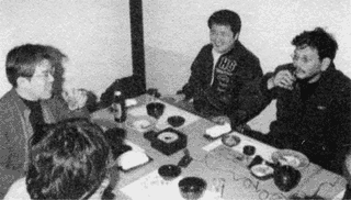 Takami Akai, Hiroyuki Yamaga (The Wings of Honnêamise) y Hideaki Anno, en los primeros días de Gainax.