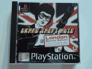 El logo de Rockstar en la edición especial de GTA 1 con las misiones adicionales, uno de los primeros productos de la empresa diseñados por Jeremy Blake.