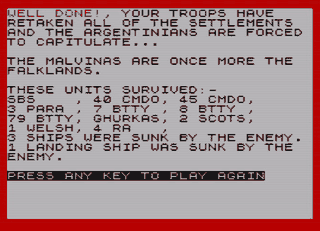 Pantalla final de Falklands ‘82: “Las Malvinas vuelven a ser las Falklands”